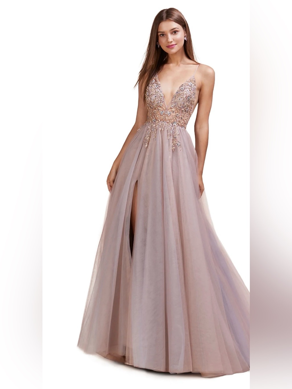 Gorgeous Romantic Blush Pink V-Neck Beaded Tulle Prom Dress